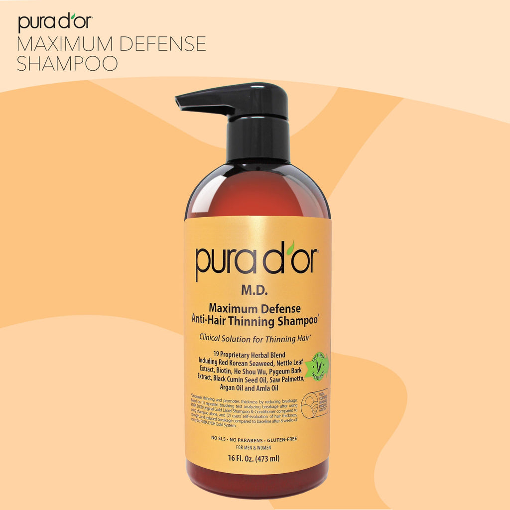 PURA D'OR 16oz Maximum Defense Shampoo – Anti-Hair Thinning with 0.5% Coal Tar, Biotin, Herbal Blend, No Sulfates
