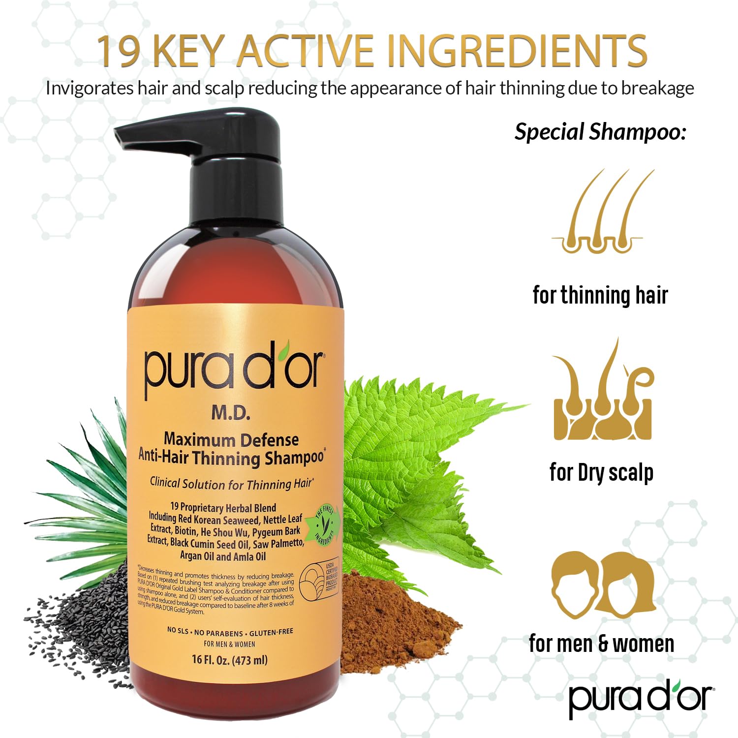 PURA D'OR 16oz Maximum Defense Shampoo – Anti-Hair Thinning with 0.5% Coal Tar, Biotin, Herbal Blend, No Sulfates
