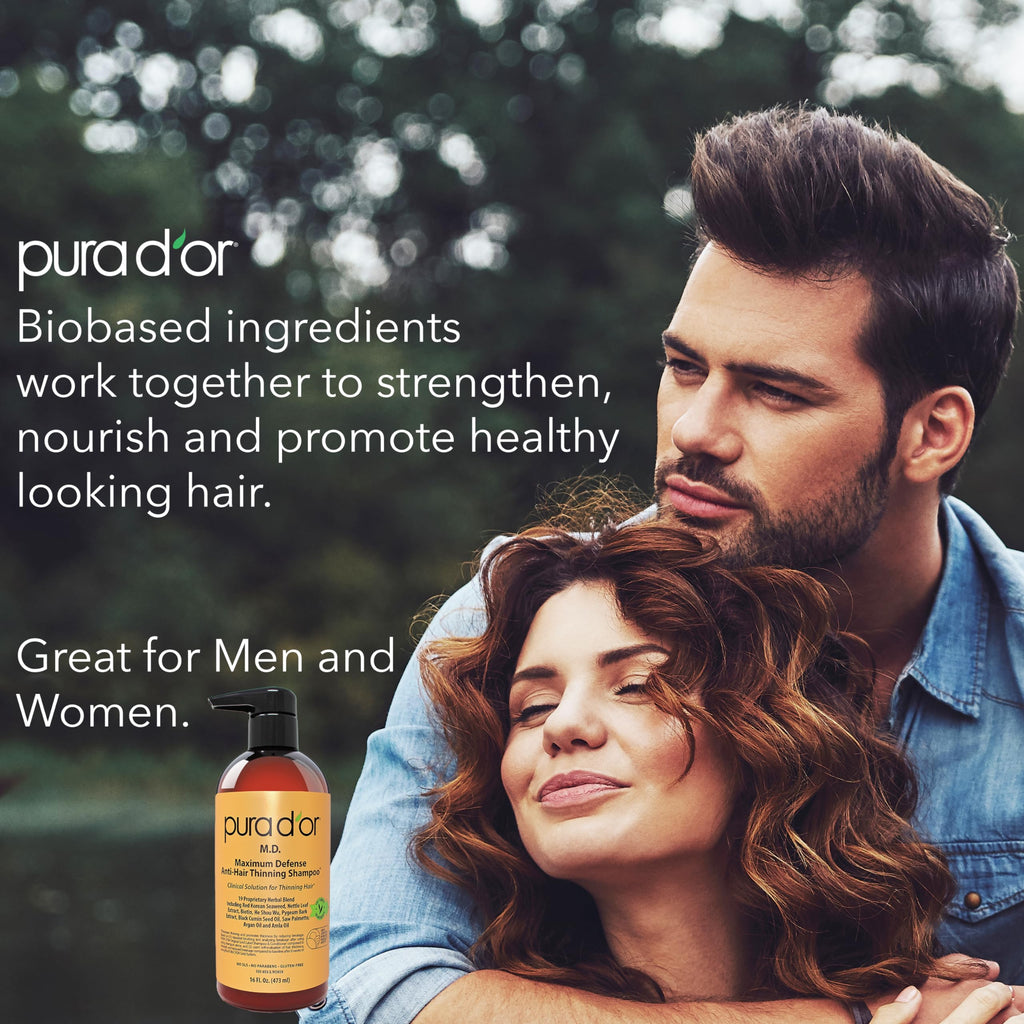 PURA D'OR 16oz Maximum Defense Shampoo – Anti-Hair Thinning with 0.5% Coal Tar, Biotin, Herbal Blend, No Sulfates