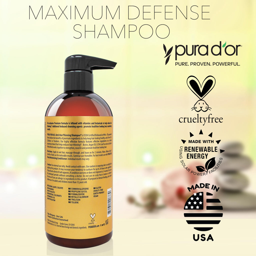PURA D'OR 16oz Maximum Defense Shampoo – Anti-Hair Thinning with 0.5% Coal Tar, Biotin, Herbal Blend, No Sulfates