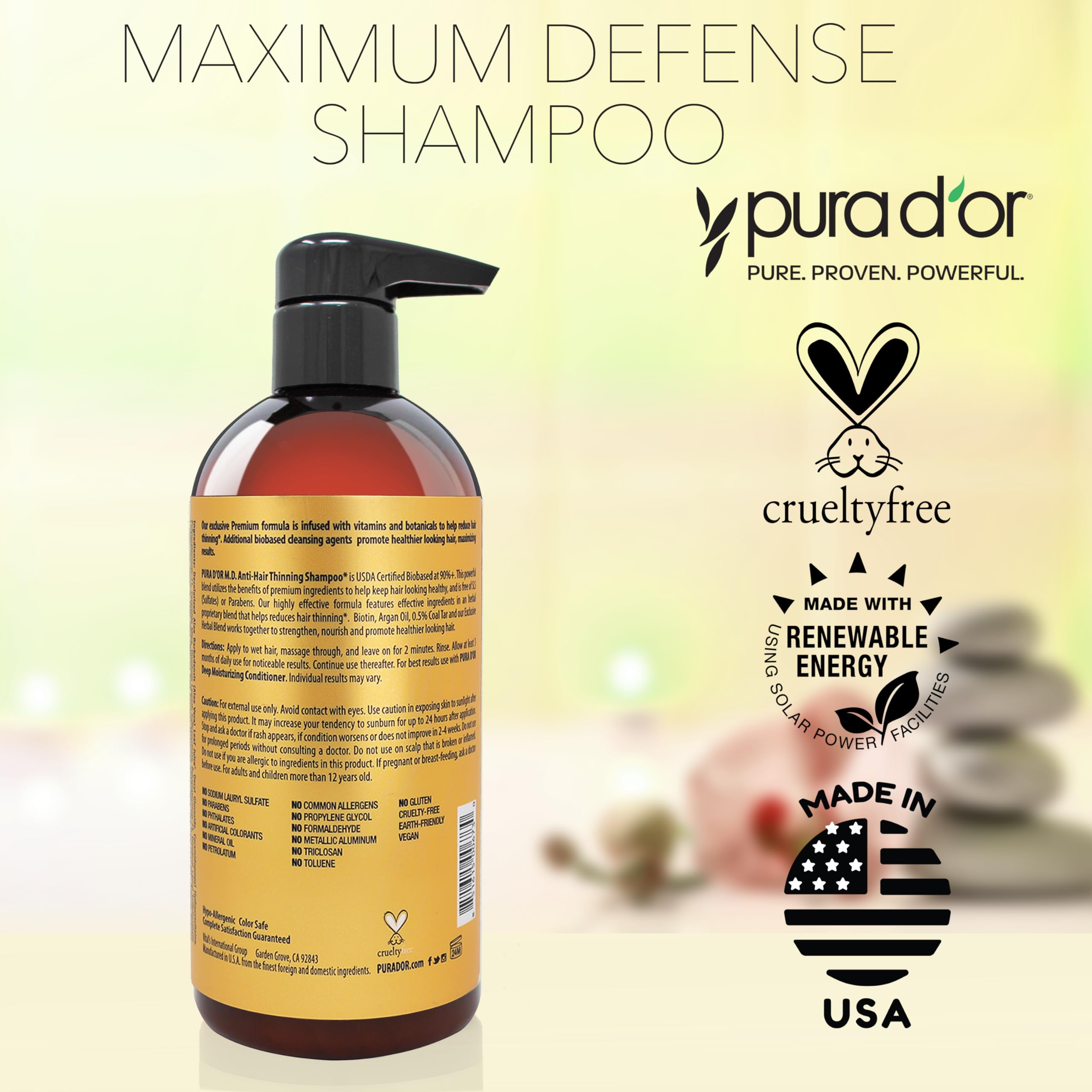 PURA D'OR 16oz Maximum Defense Shampoo – Anti-Hair Thinning with 0.5% Coal Tar, Biotin, Herbal Blend, No Sulfates