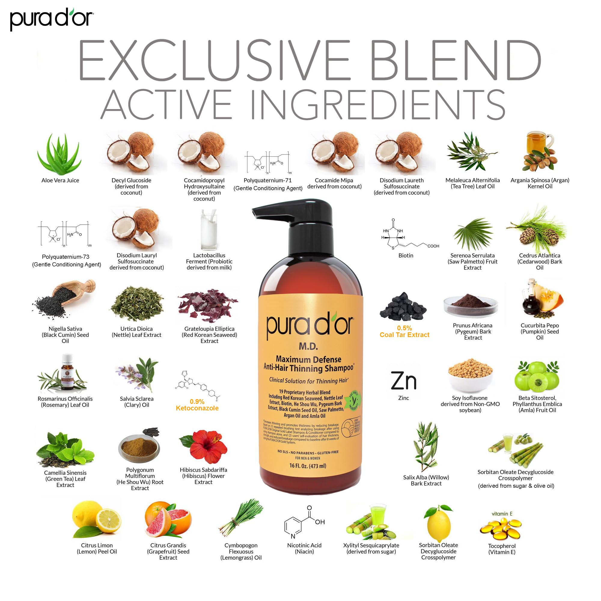 PURA D'OR 16oz Maximum Defense Shampoo – Anti-Hair Thinning with 0.5% Coal Tar, Biotin, Herbal Blend, No Sulfates
