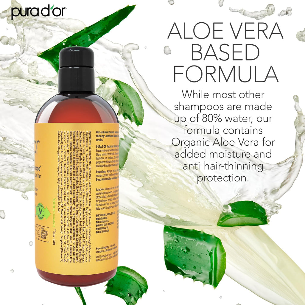 PURA D'OR 16oz Maximum Defense Shampoo – Anti-Hair Thinning with 0.5% Coal Tar, Biotin, Herbal Blend, No Sulfates