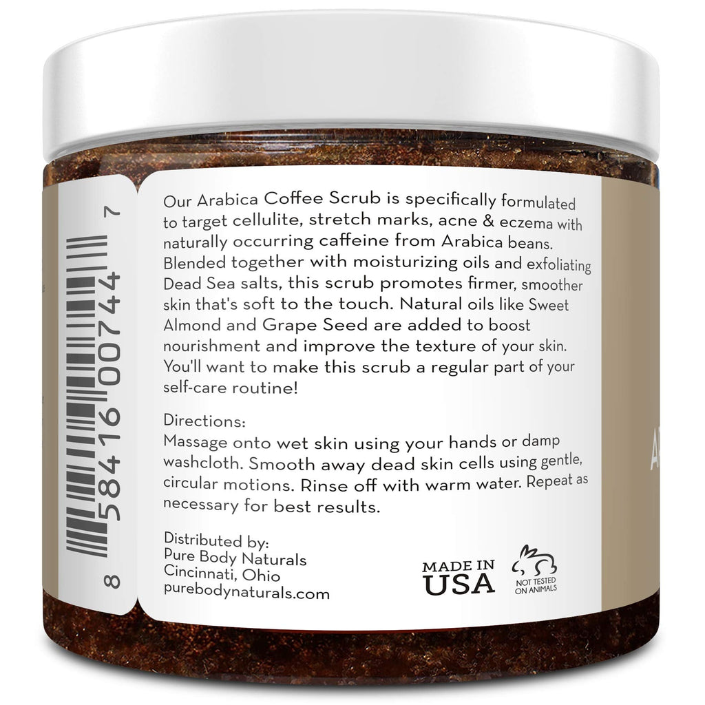 Pure Body Naturals Arabica Coffee Scrub – Caffeine Exfoliator for Stretch Marks & Cellulite | 12 oz