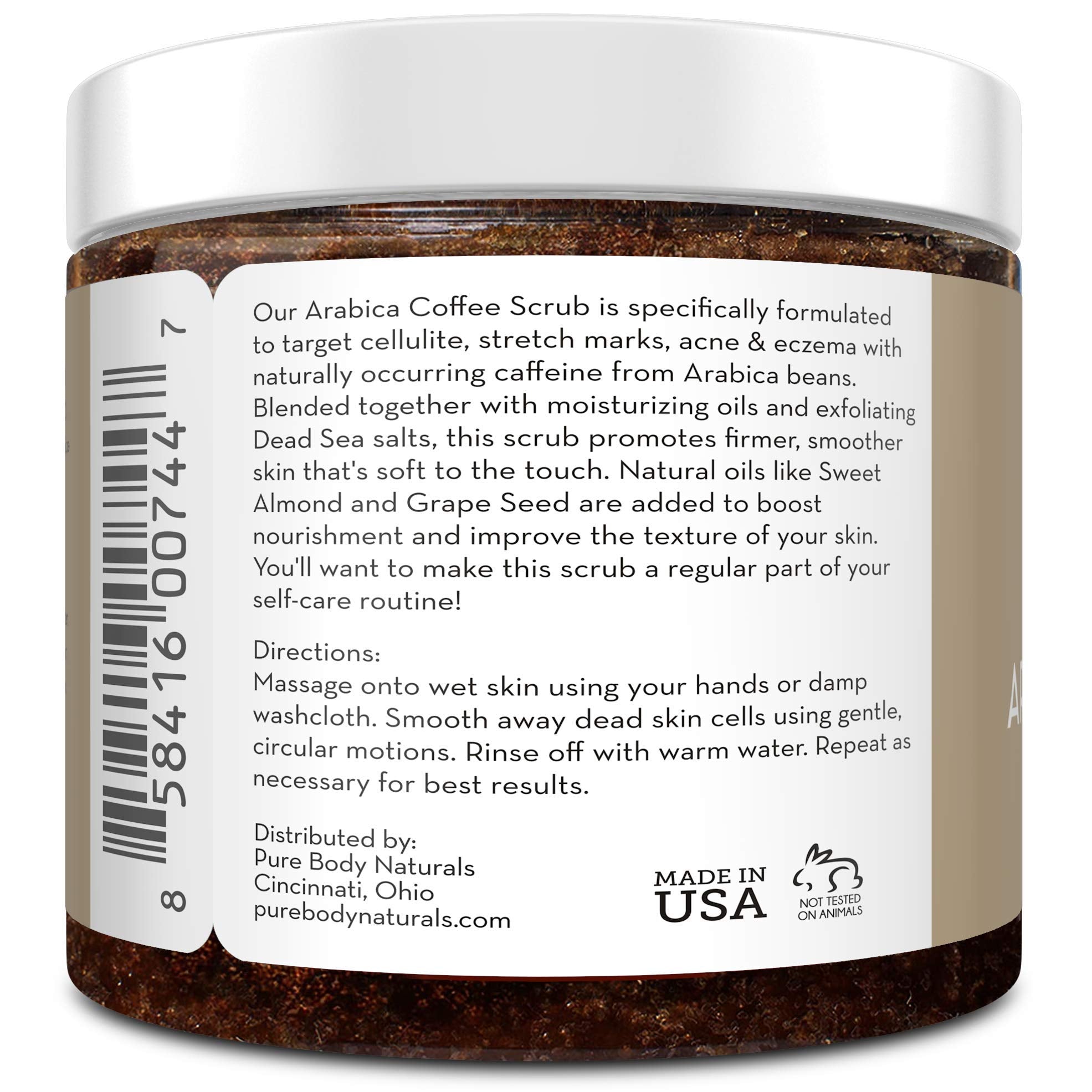 Pure Body Naturals Arabica Coffee Scrub – Caffeine Exfoliator for Stretch Marks & Cellulite | 12 oz