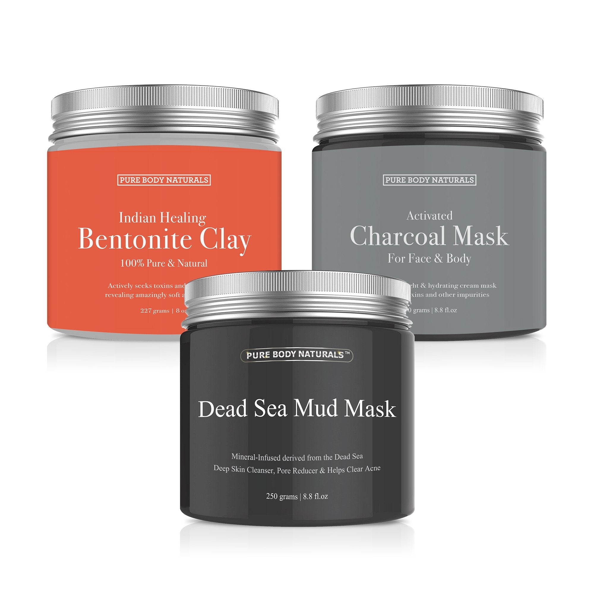 Pure Body Naturals Face Mask Gift Set – Dead Sea Mud, Charcoal & Bentonite Masks