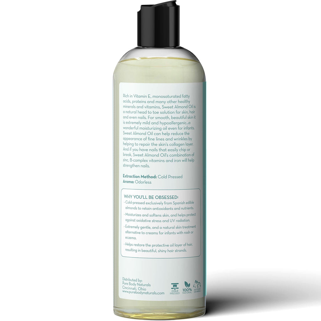 Pure Body Naturals Sweet Almond Oil – 100% Pure, Cold-Pressed Carrier Oil for Hair, Skin & Nails, 16 Fl Oz