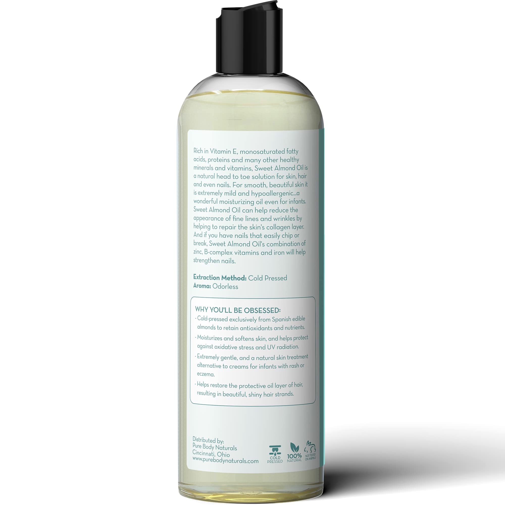 Pure Body Naturals Sweet Almond Oil – 100% Pure, Cold-Pressed Carrier Oil for Hair, Skin & Nails, 16 Fl Oz