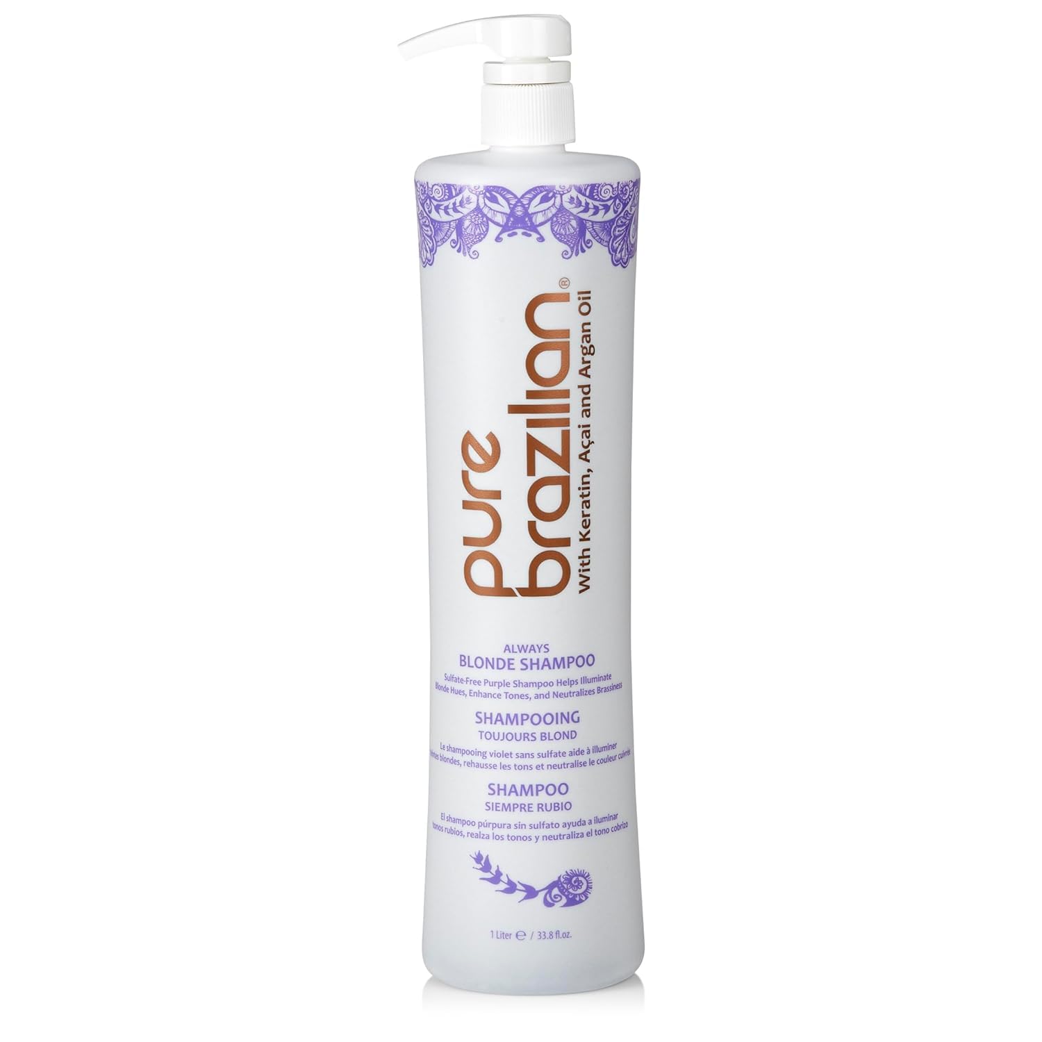 Pure Brazilian Always Blonde Shampoo with Keratin, Acai & Argan Oil – Purple Shampoo for Color-Treated Hair, Sulfate-Free, 33.8 oz