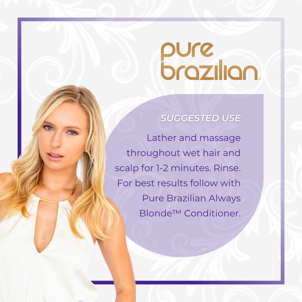 Pure Brazilian Always Blonde Shampoo with Keratin, Acai & Argan Oil – Purple Shampoo for Color-Treated Hair, Sulfate-Free, 33.8 oz