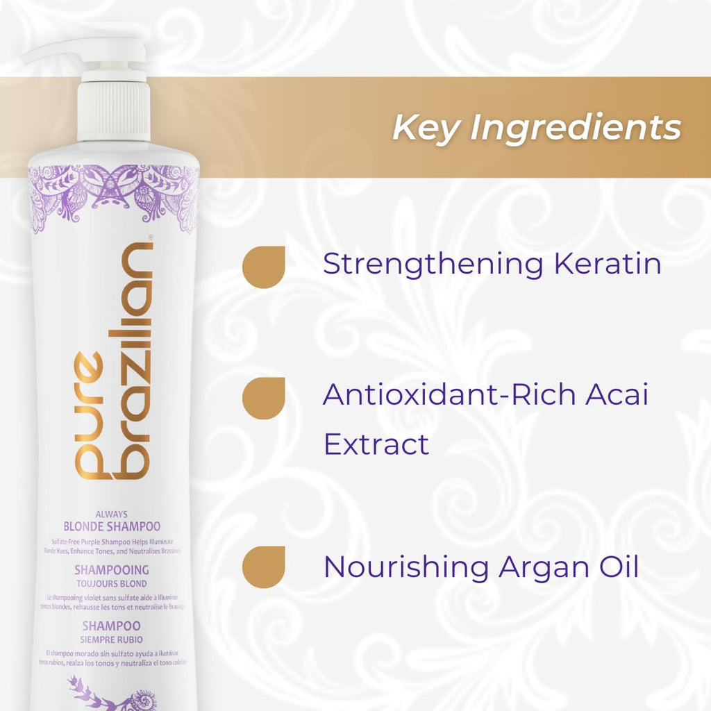 Pure Brazilian Always Blonde Shampoo with Keratin, Acai & Argan Oil – Purple Shampoo for Color-Treated Hair, Sulfate-Free, 33.8 oz