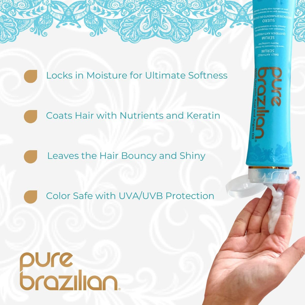 Pure Brazilian Anti-Frizz Daily Leave-In Serum – Keratin & Argan Oil, UVA/UVB Protection, 13.5 oz