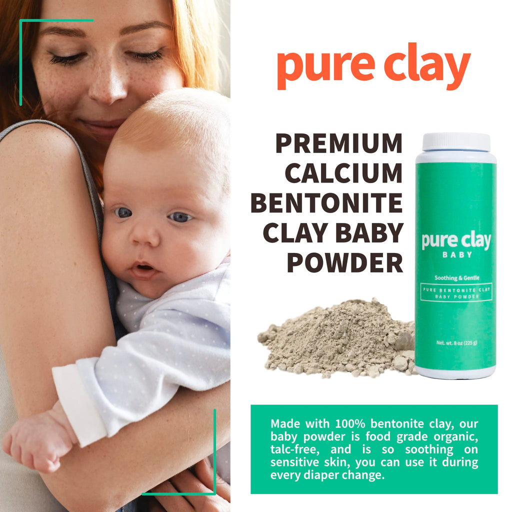 Pure Clay Bentonite Baby Powder – Talc-Free, Food Grade, Sensitive Skin (8 oz Travel Size)