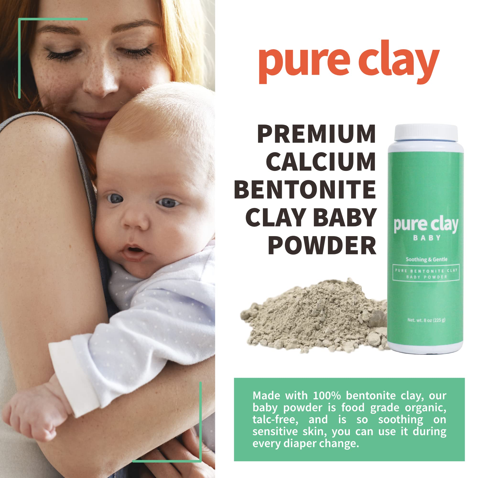 Pure Clay Bentonite Baby Powder – Talc-Free, Food Grade, Sensitive Skin (8 oz Travel Size)