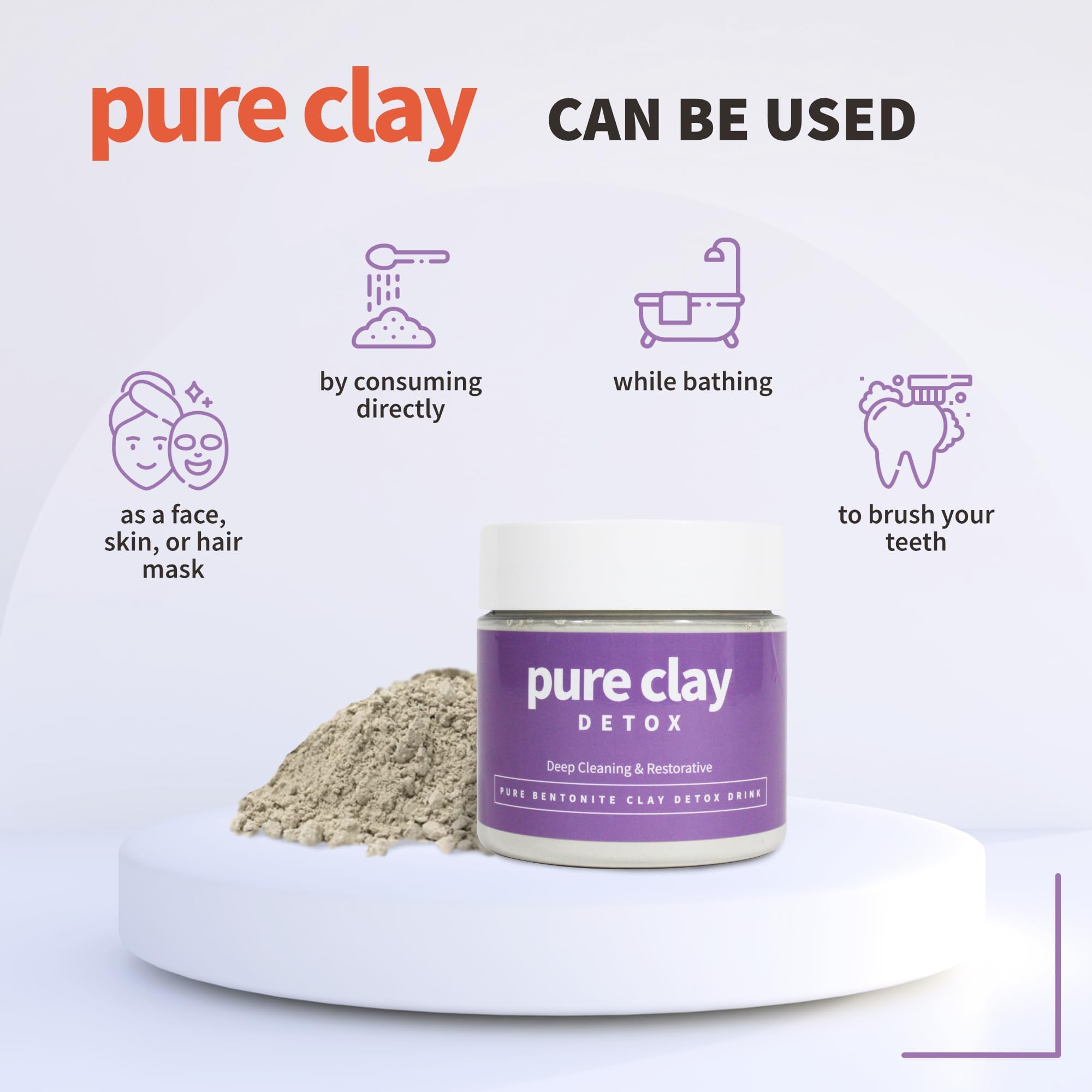 PURE CLAY Food Grade Organic Calcium Bentonite Clay Powder – Internal & External Cleansing, 16 oz