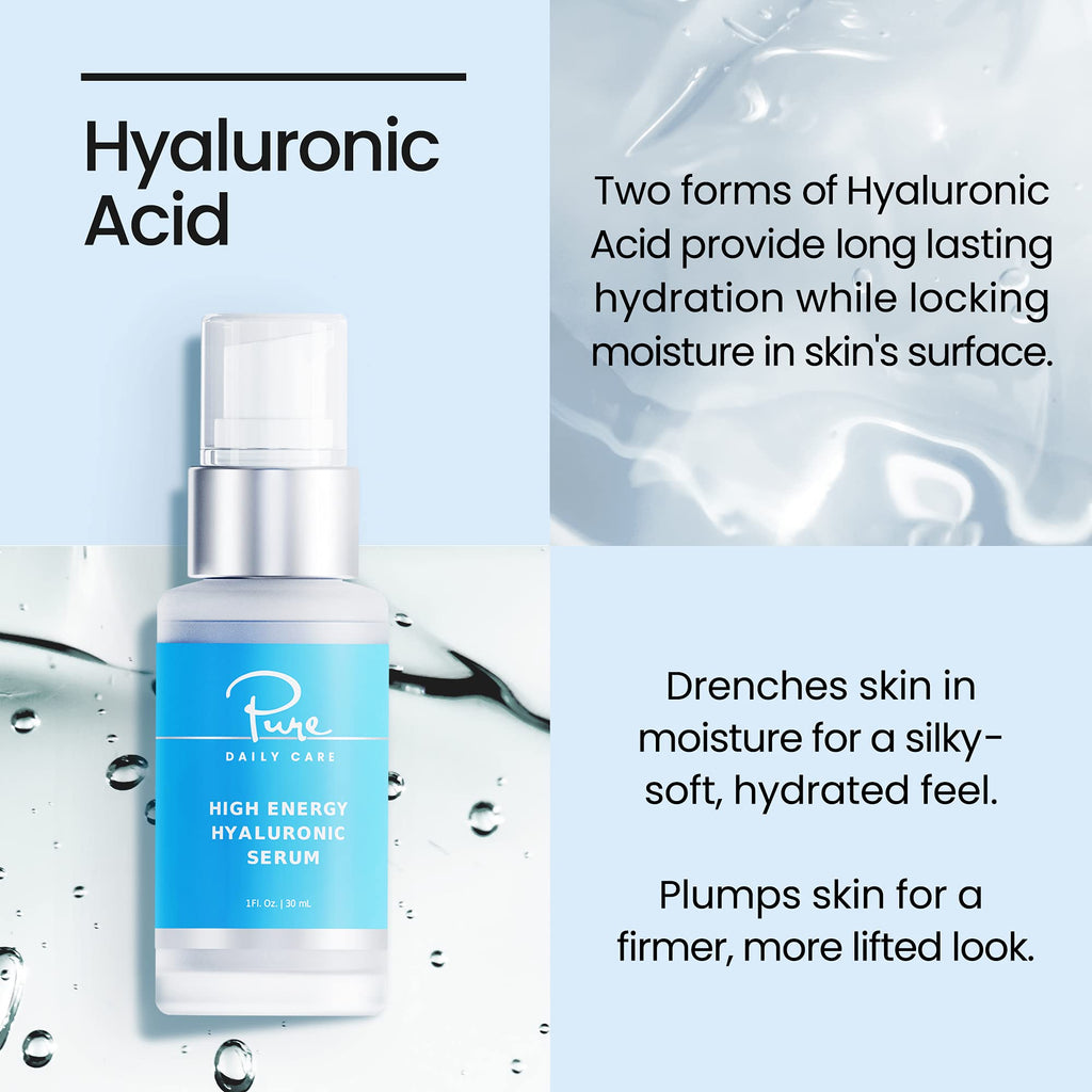 Pure Daily Care High Energy Hyaluronic Serum (1oz) – Hydrating Clinical-Grade Hyaluronic Acid Serum