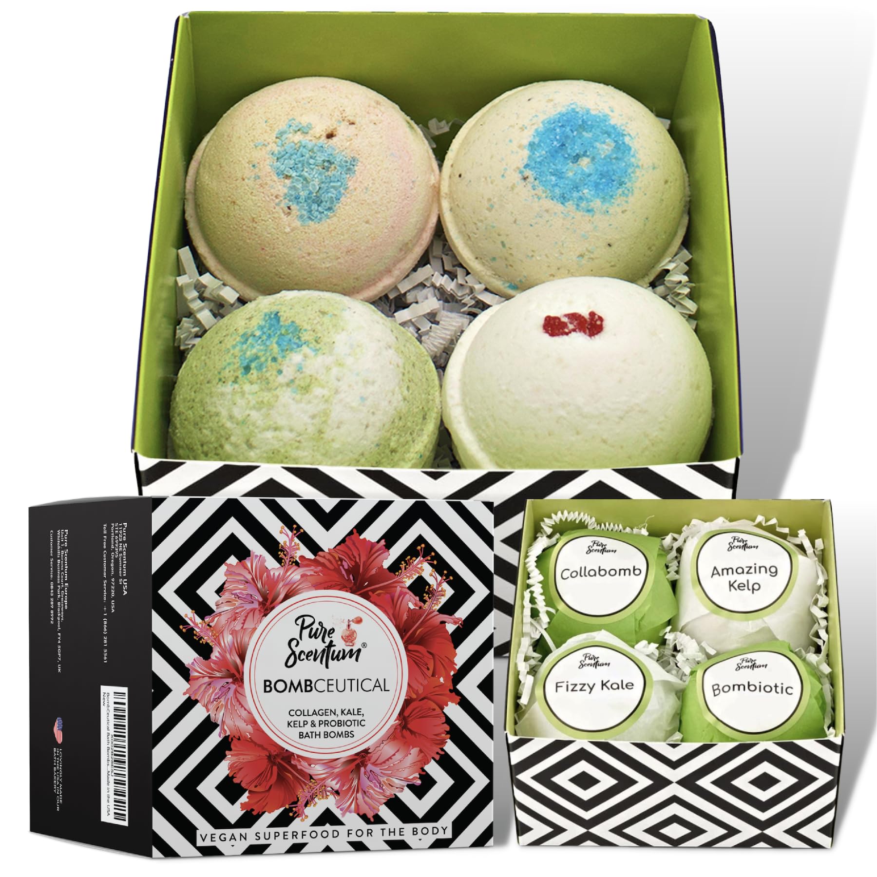 Pure Scentum Bombceutical Bath Bomb Set – Nourishing Kale, Seaweed, Collagen & Probiotic for Women