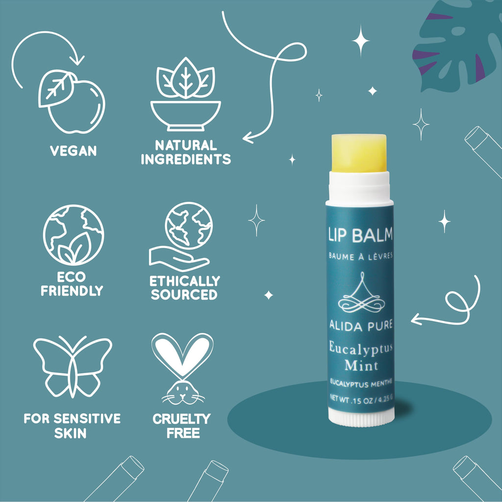 ALIDA PURE Eucalyptus Mint Lip Balm Collection – Vegan, Beeswax-Free, 3-Tube Set with Avocado & Jojoba Oils