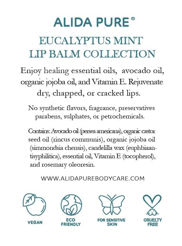 ALIDA PURE Eucalyptus Mint Lip Balm Collection – Vegan, Beeswax-Free, 3-Tube Set with Avocado & Jojoba Oils