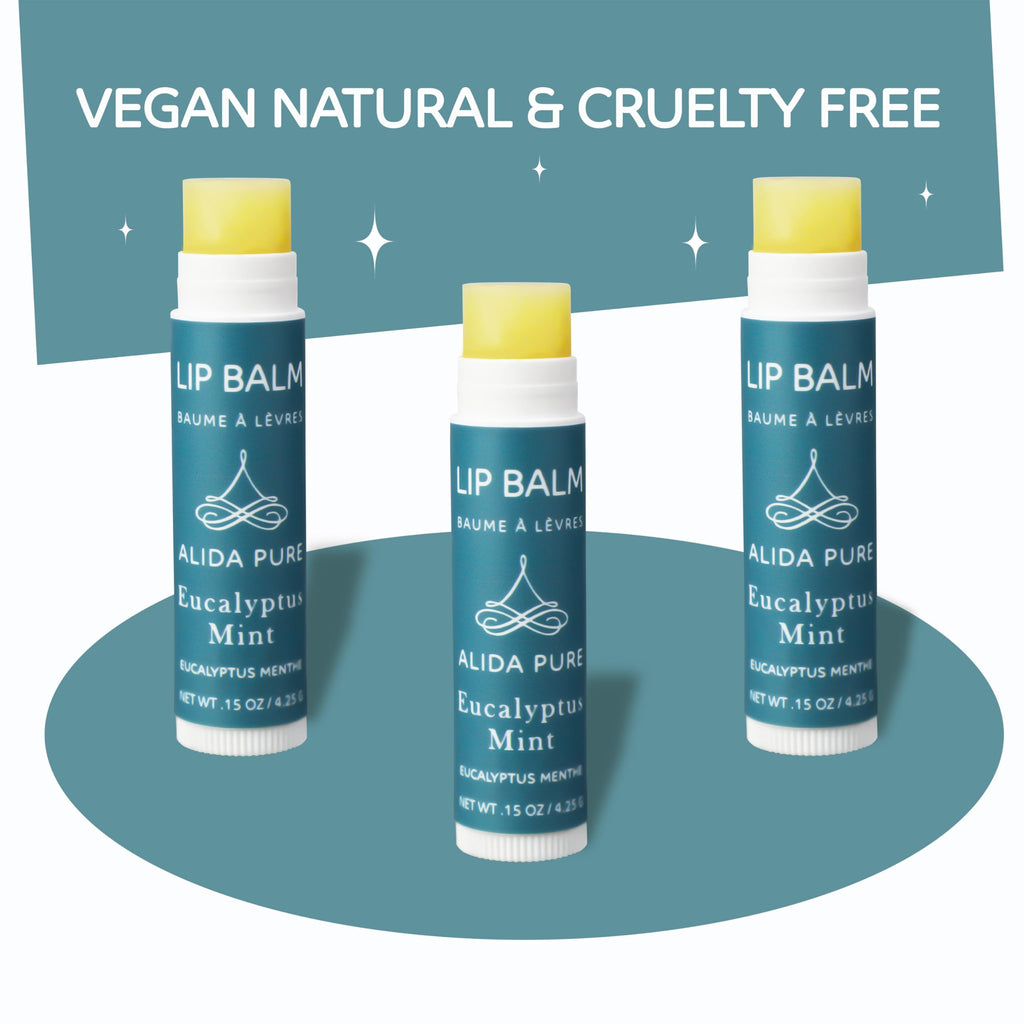 ALIDA PURE Eucalyptus Mint Lip Balm Collection – Vegan, Beeswax-Free, 3-Tube Set with Avocado & Jojoba Oils
