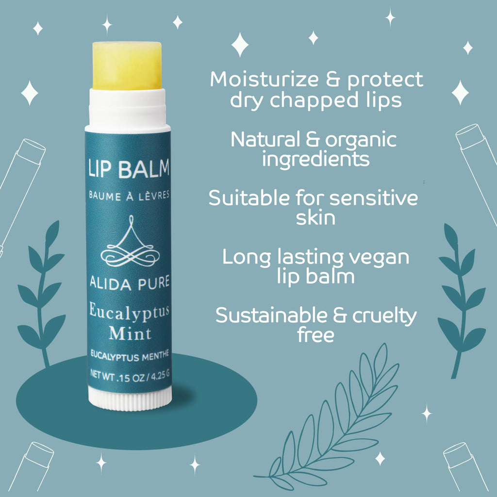 ALIDA PURE Eucalyptus Mint Lip Balm Collection – Vegan, Beeswax-Free, 3-Tube Set with Avocado & Jojoba Oils