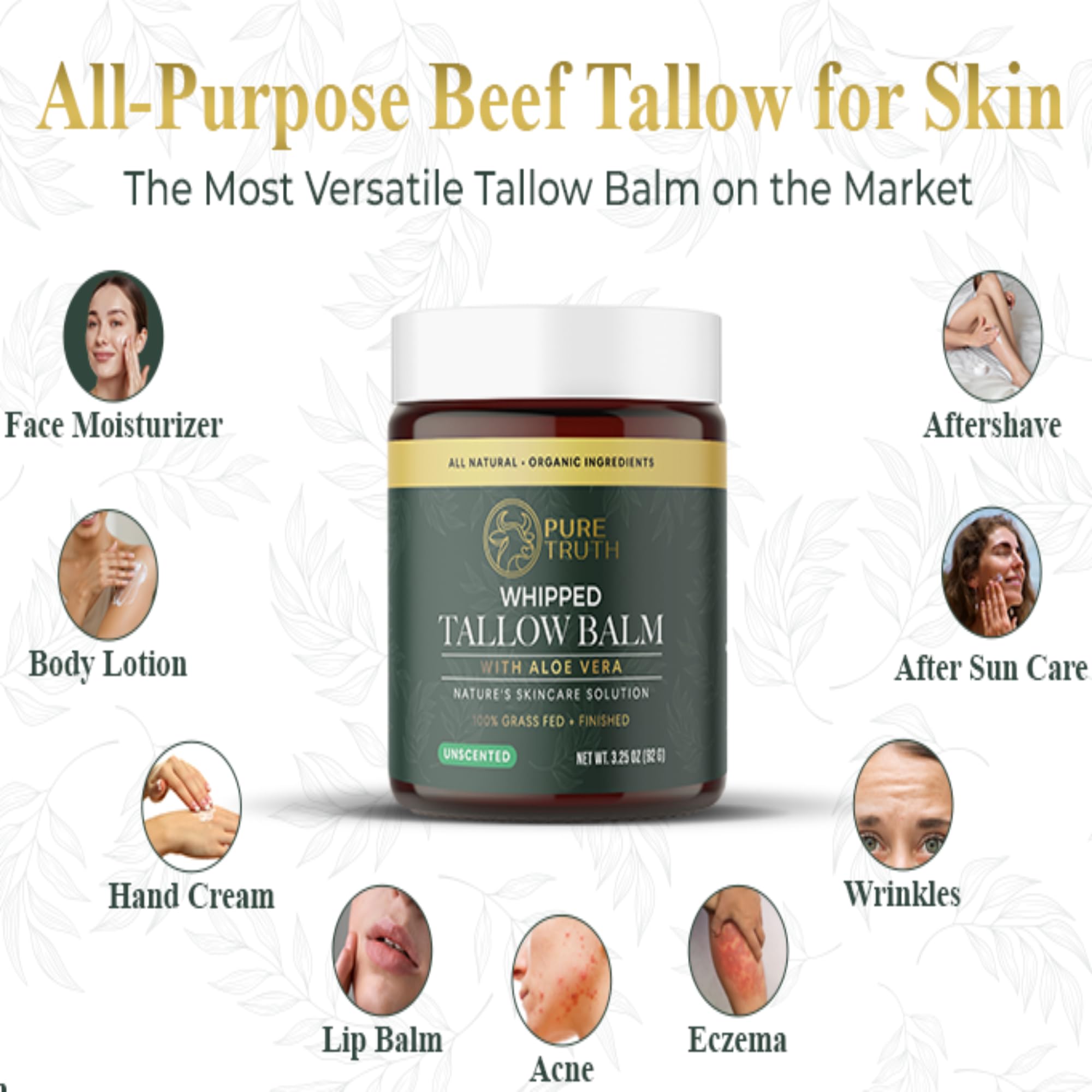 Pure Truth Beef Tallow Skin Care – Unscented Whipped Tallow & Honey Balm