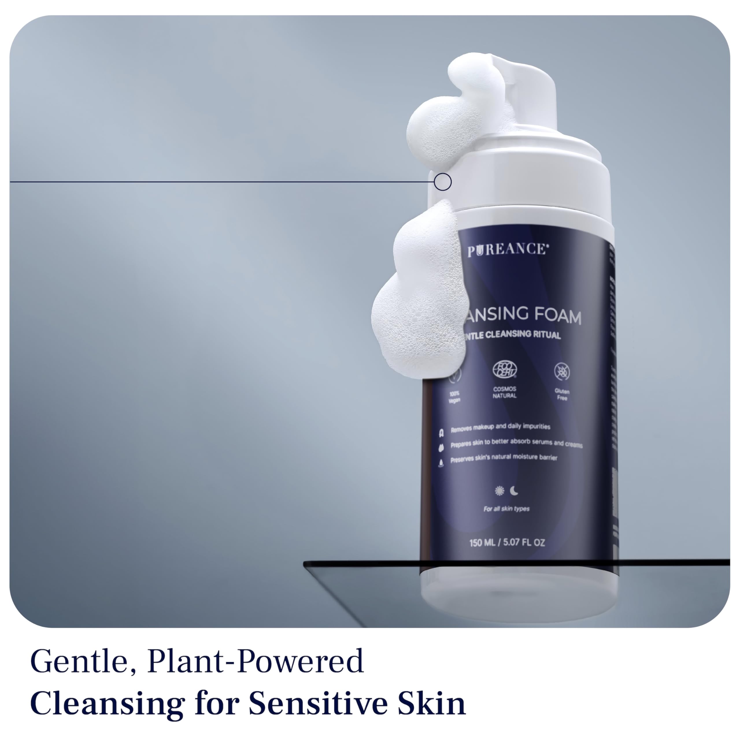 PUREANCE Cleansing Foam – Gentle Facial Cleanser for Sensitive Skin with Calendula & Chamomile | Rose Water & Lactic Acid
