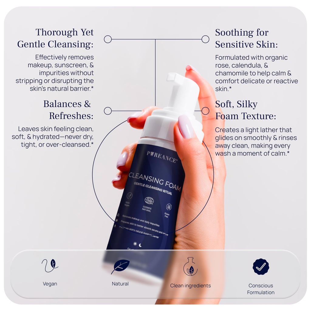 PUREANCE Cleansing Foam – Gentle Facial Cleanser for Sensitive Skin with Calendula & Chamomile | Rose Water & Lactic Acid