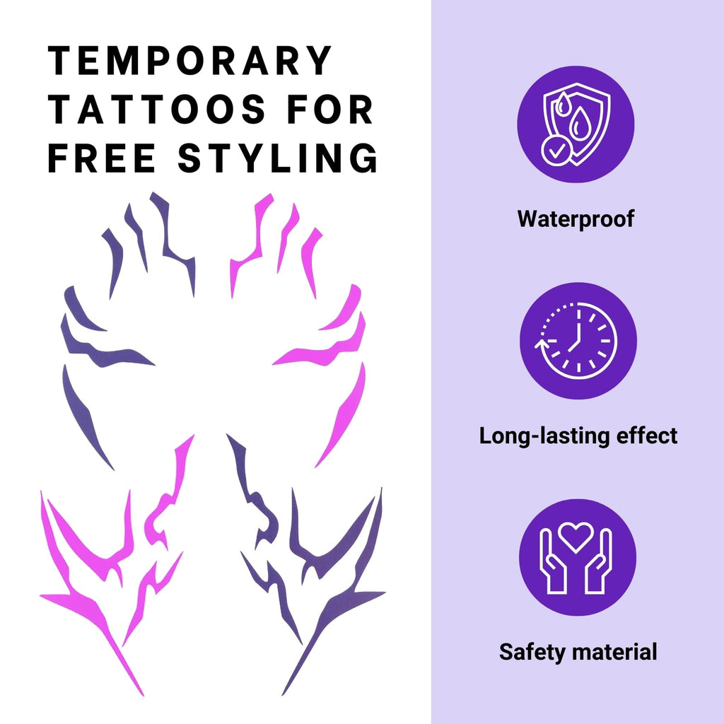PUREHAIR Purple Temporary Tattoo Stickers – 4 Purple + 4 UV Fluorescent Tattoos for Cosplay, Halloween & Party