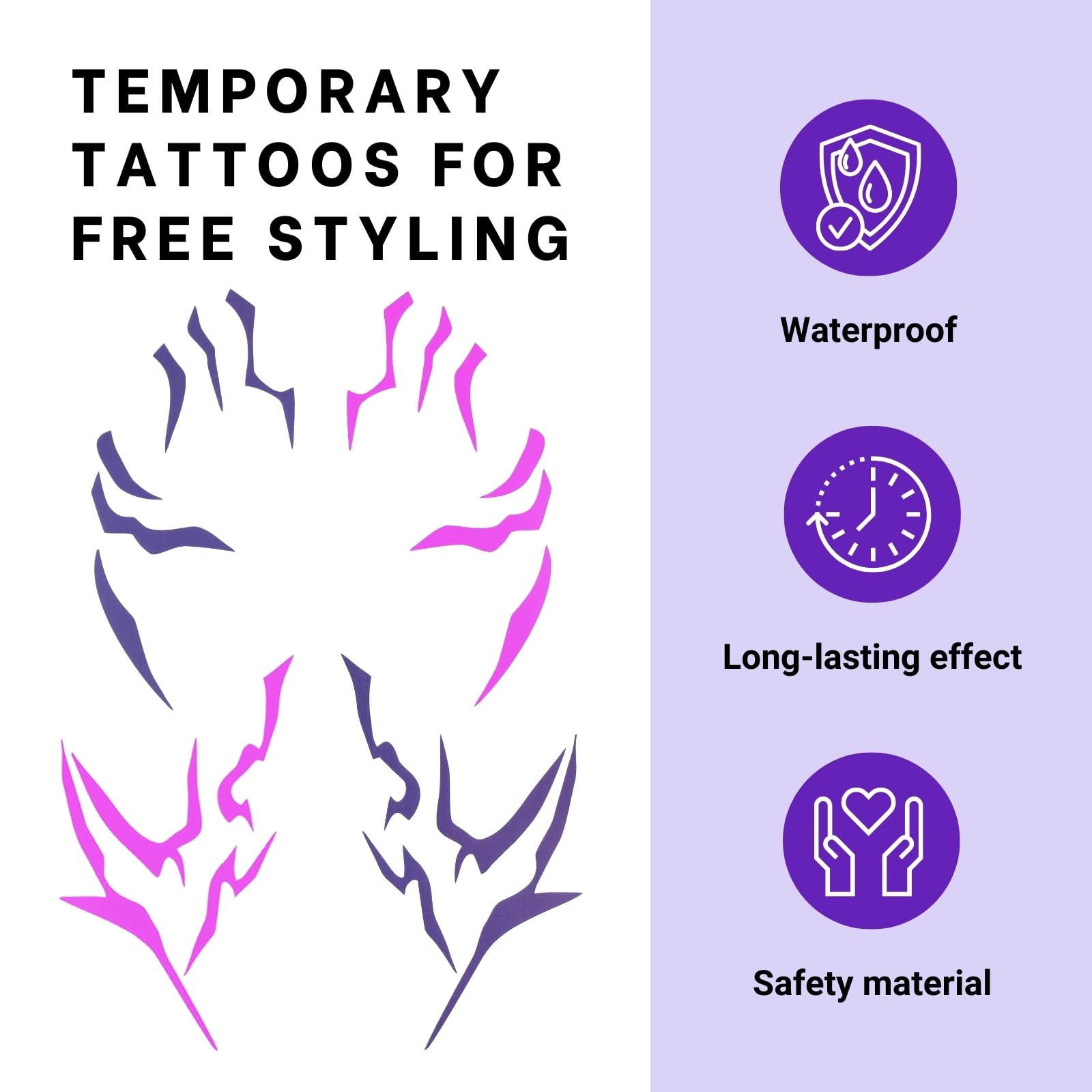 PUREHAIR Purple Temporary Tattoo Stickers – 4 Purple + 4 UV Fluorescent Tattoos for Cosplay, Halloween & Party
