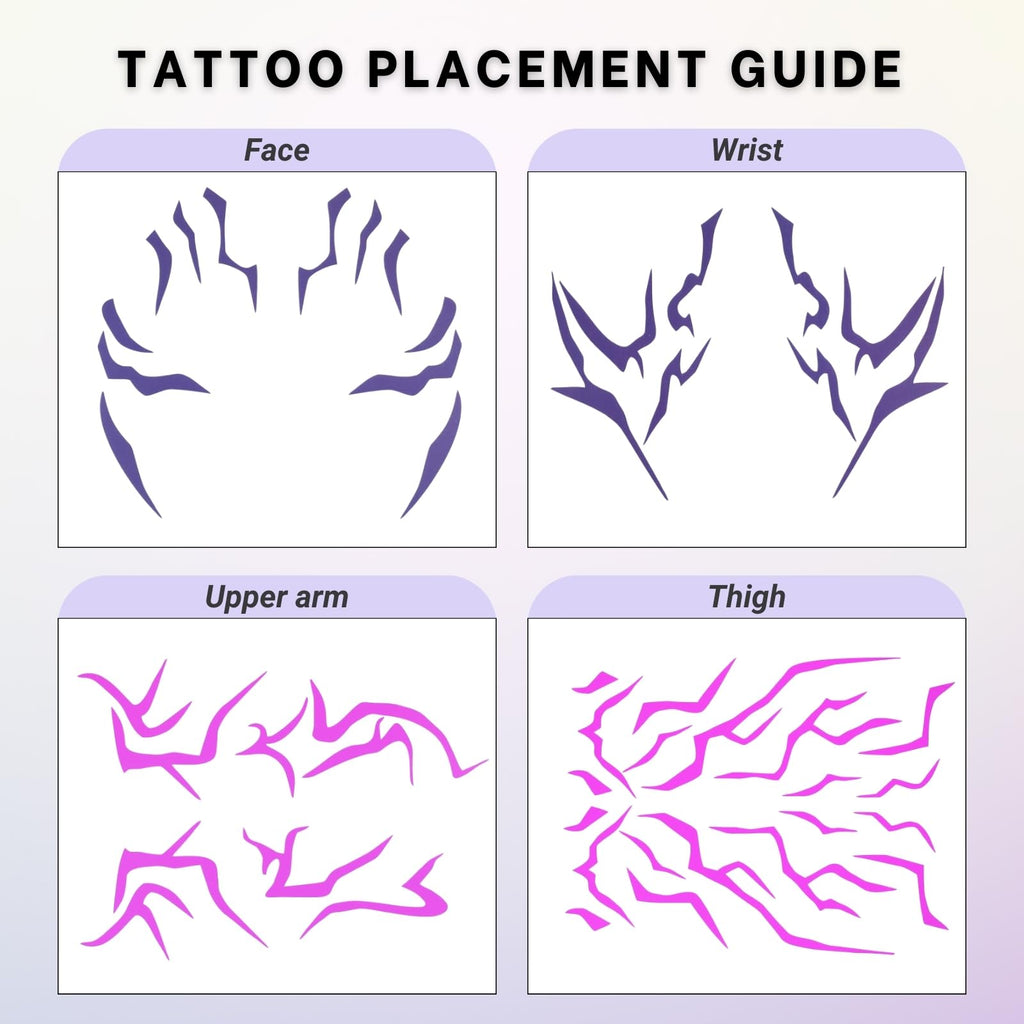 PUREHAIR Purple Temporary Tattoo Stickers – 4 Purple + 4 UV Fluorescent Tattoos for Cosplay, Halloween & Party