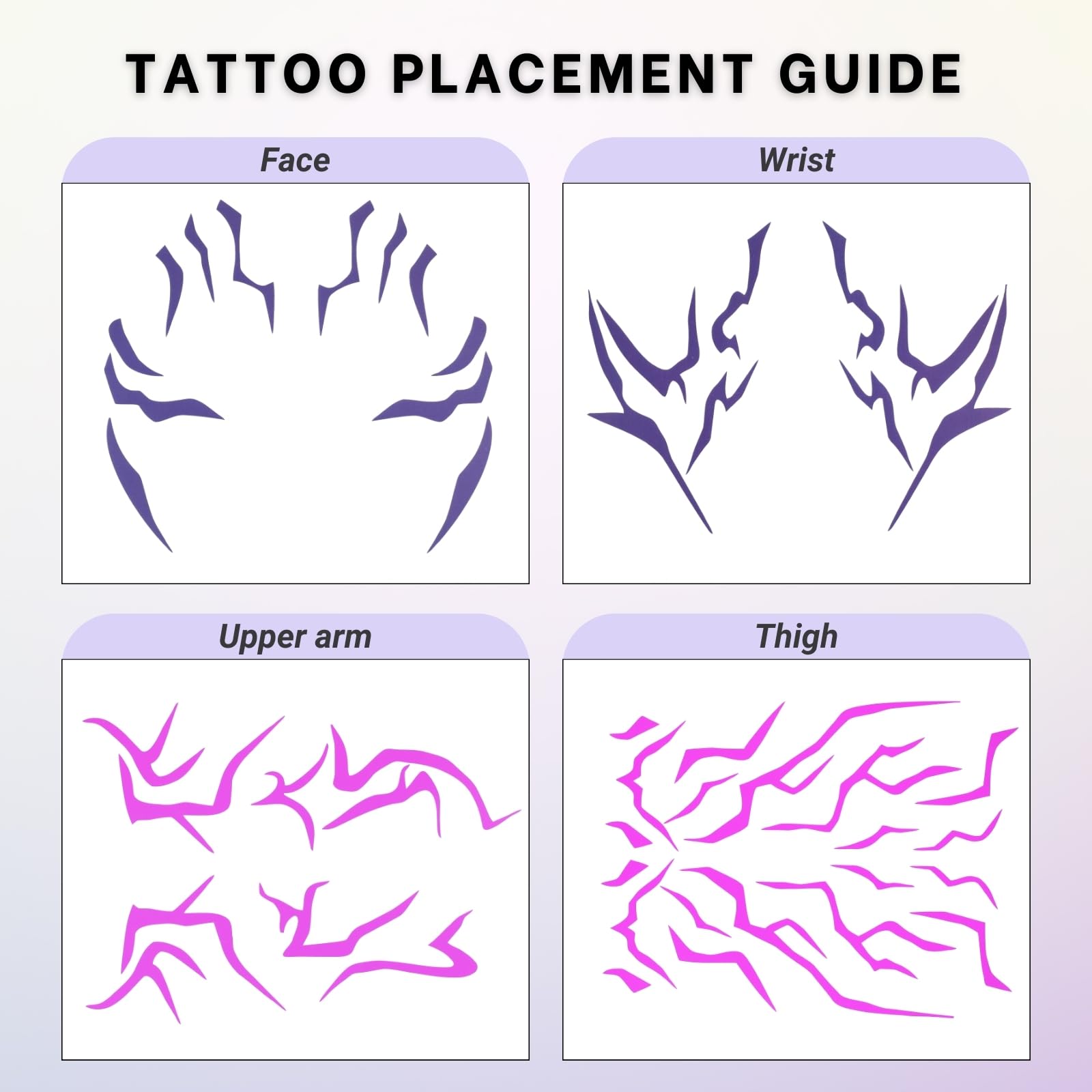 PUREHAIR Purple Temporary Tattoo Stickers – 4 Purple + 4 UV Fluorescent Tattoos for Cosplay, Halloween & Party