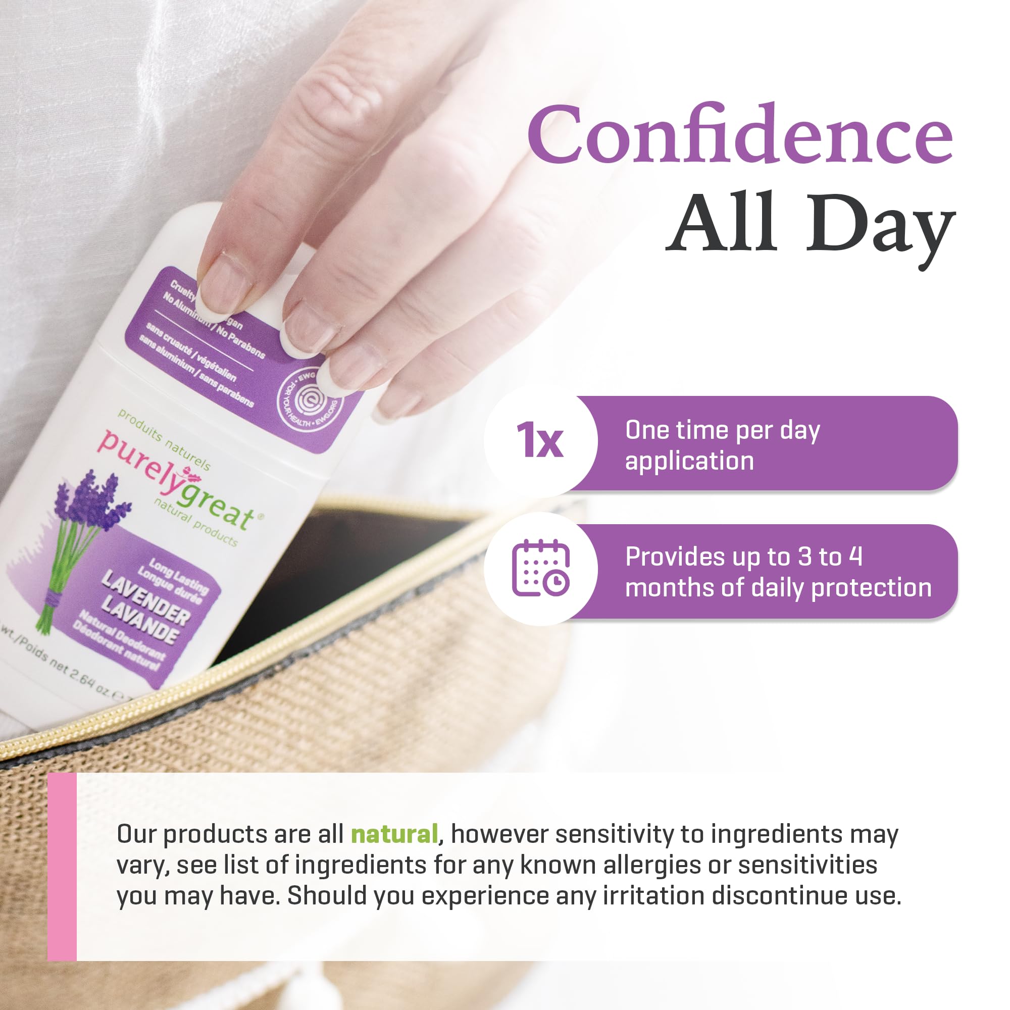 Purelygreat Lavender Natural Deodorant Stick – Aluminum-Free, Paraben-Free, 2.64 oz