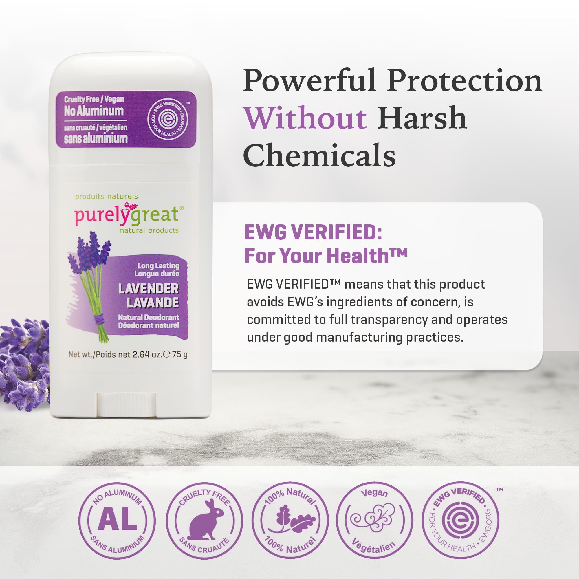 Purelygreat Lavender Natural Deodorant Stick – Aluminum-Free, Paraben-Free, 2.64 oz