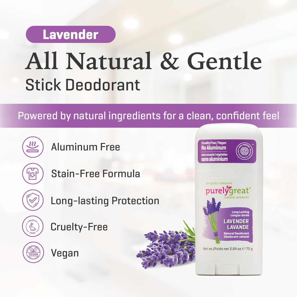 Purelygreat Lavender Natural Deodorant Stick – Aluminum-Free, Paraben-Free, 2.64 oz