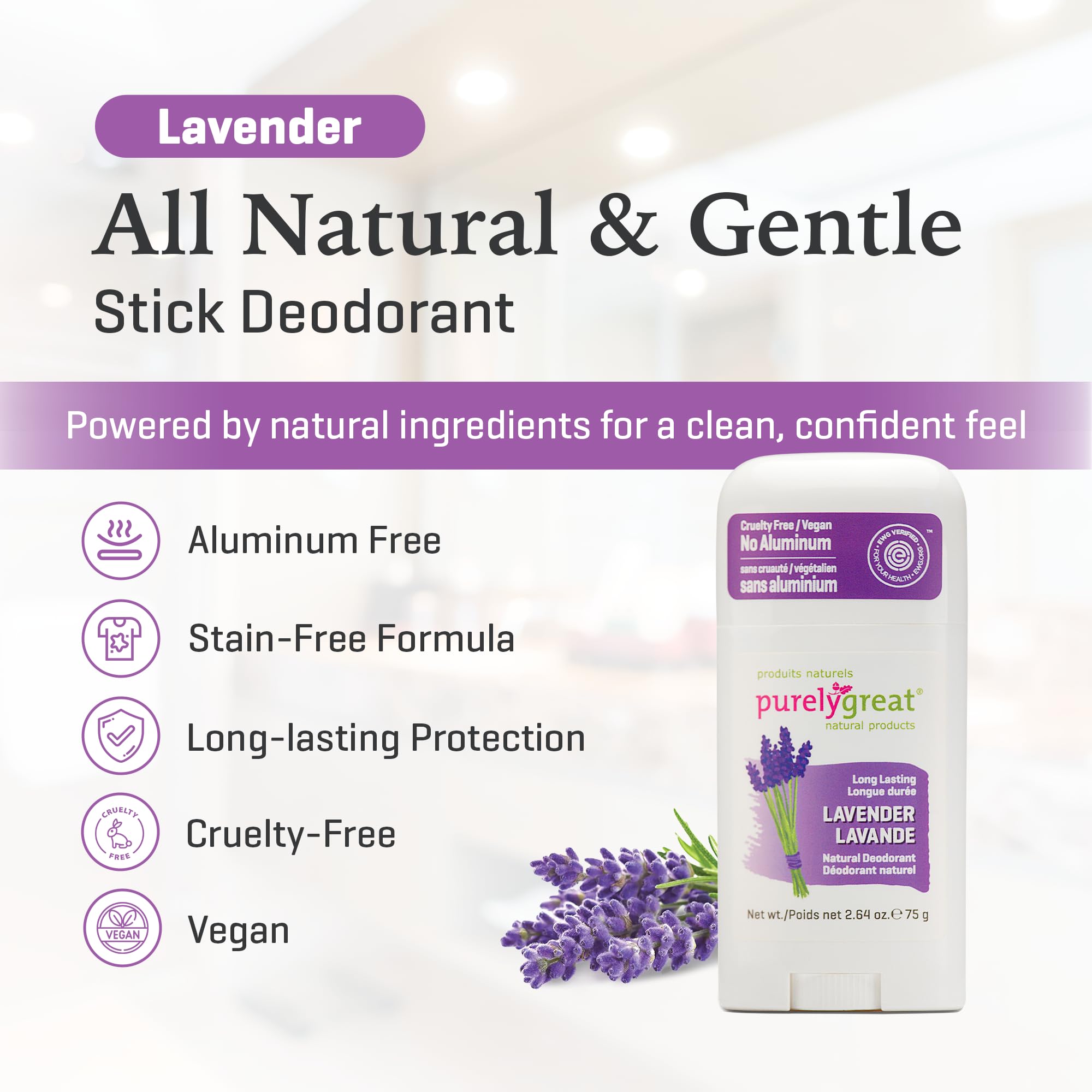 Purelygreat Lavender Natural Deodorant Stick – Aluminum-Free, Paraben-Free, 2.64 oz