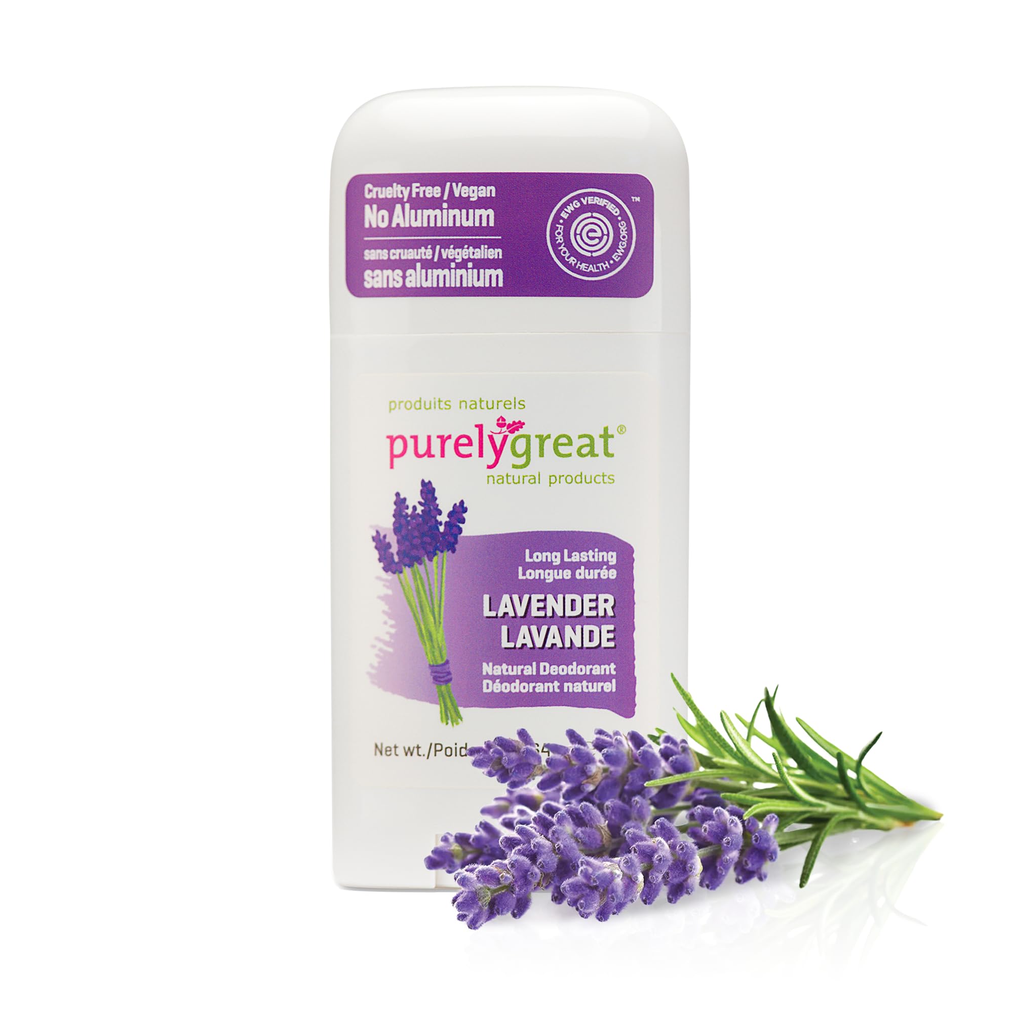 Purelygreat Lavender Natural Deodorant Stick – Aluminum-Free, Paraben-Free, 2.64 oz