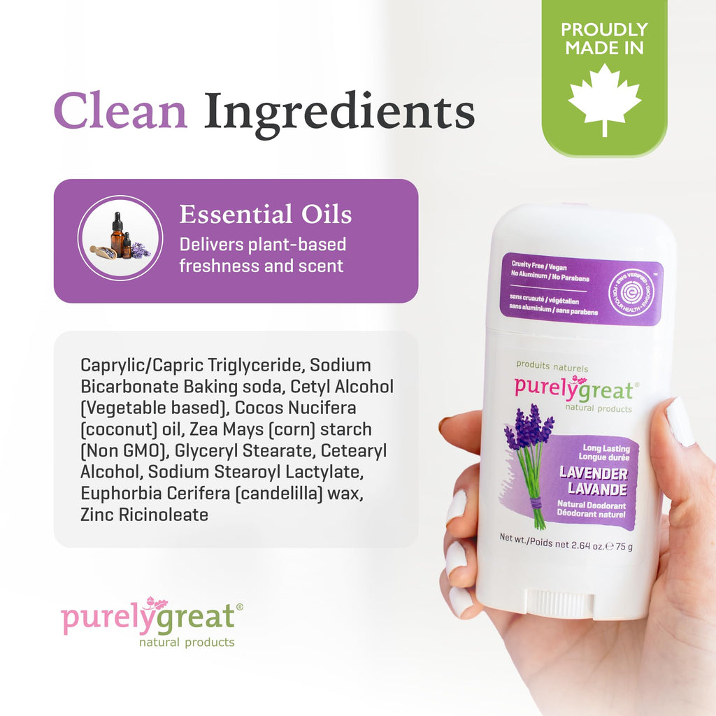 Purelygreat Lavender Natural Deodorant Stick – Aluminum-Free, Paraben-Free, 2.64 oz