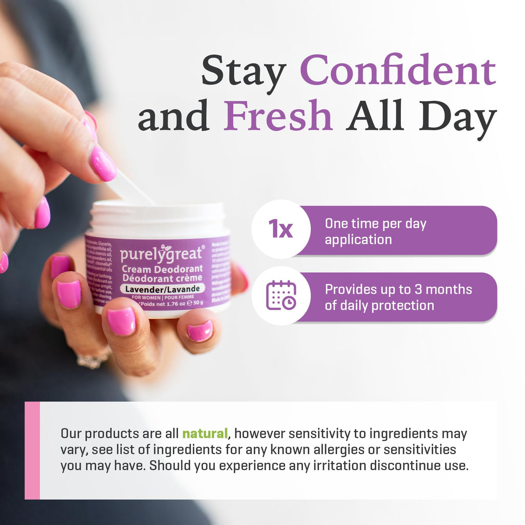 Purelygreat Lavender Scented Cream Deodorant – Natural, Chemical-Free Hygiene for Women & Men (1.76 oz / 50 g)