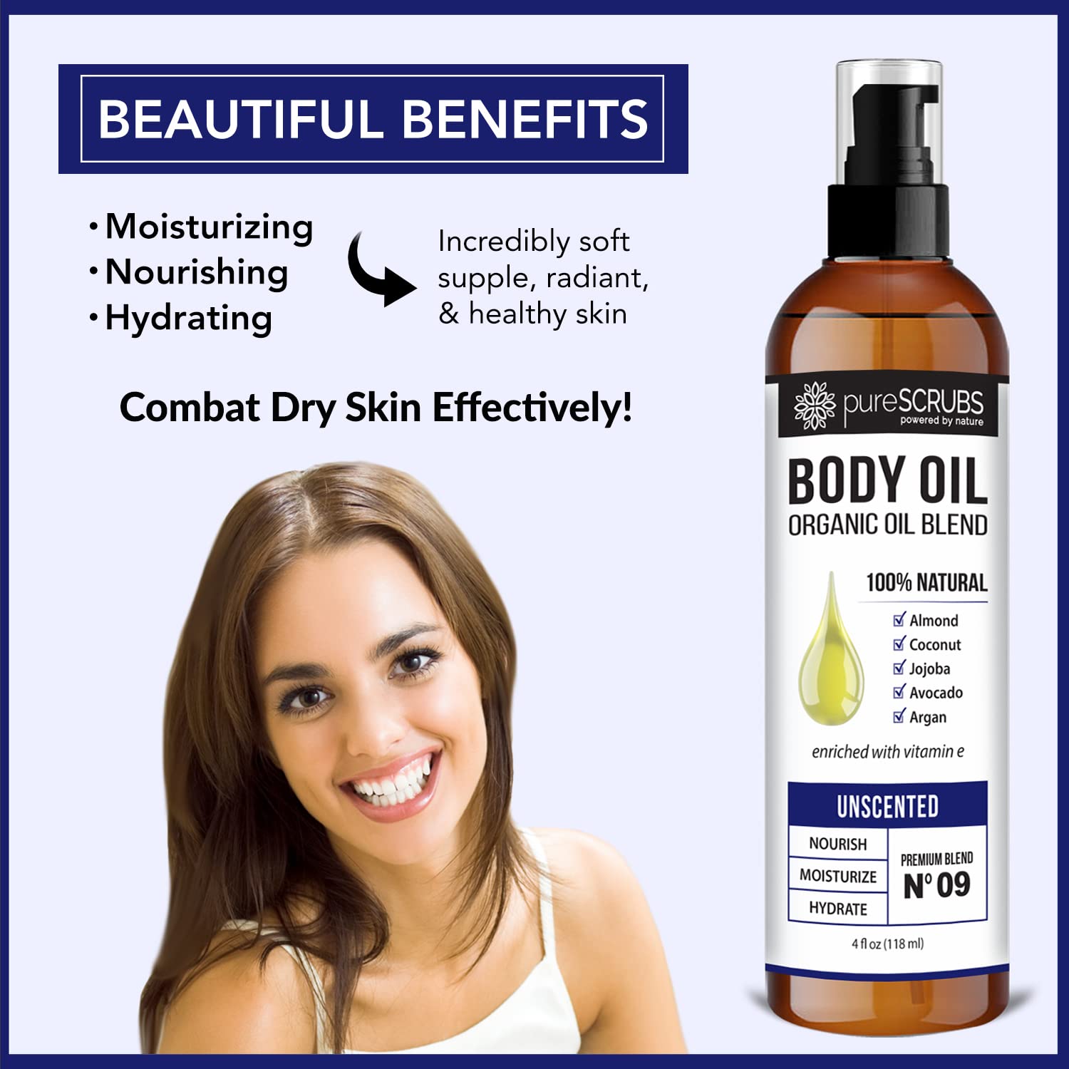 pureSCRUBS Ultra Moisturizing Unscented Body Oil Spray – Organic Jojoba, Argan & Coconut Blend, 4oz