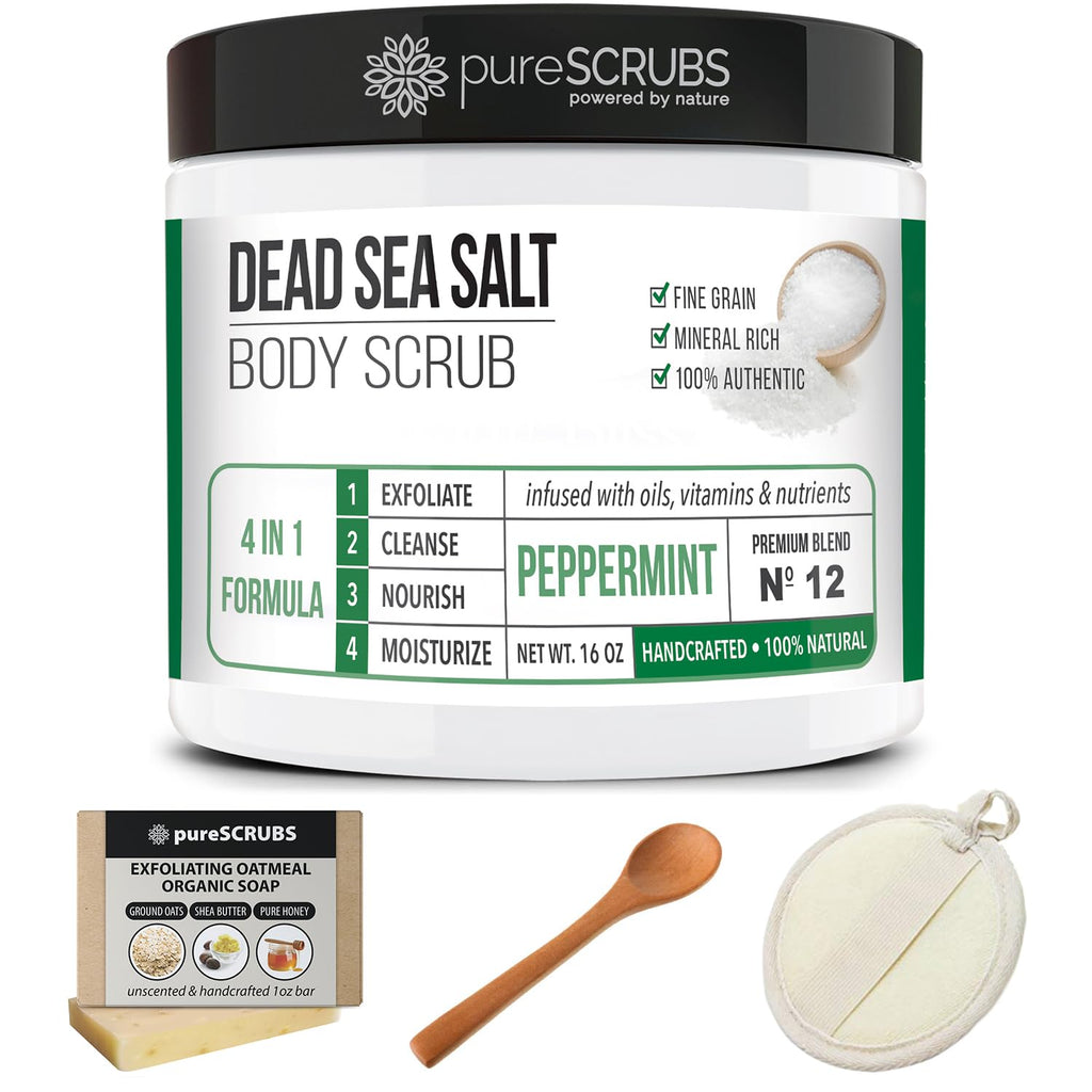 pureSCRUBS Premium Sea Salt Body Scrub Set - 16oz Peppermint with Wooden Spoon, Loofah & Oatmeal Soap