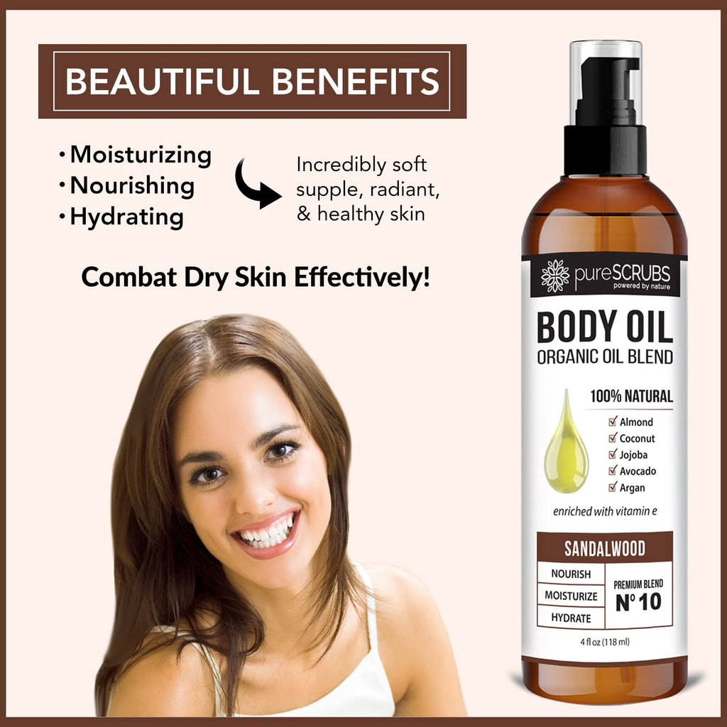 PureSCRUBS Ultra Moisturizing Sandalwood Body Oil Spray – Organic Oil Blend, 4oz