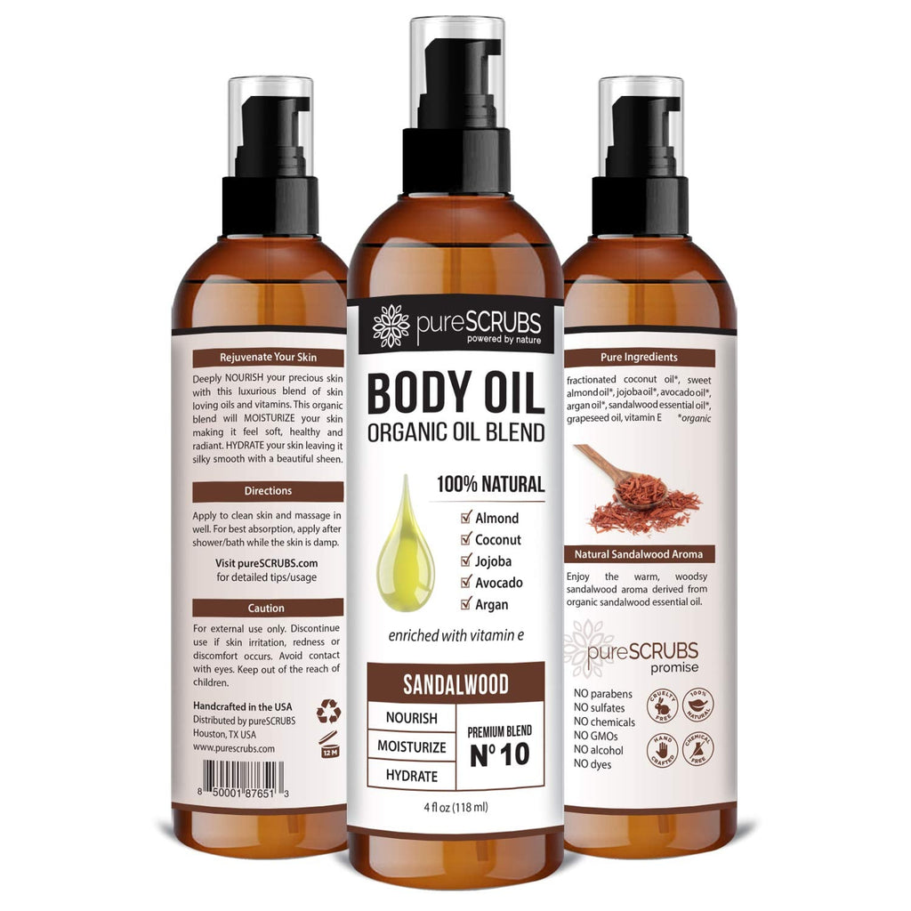 PureSCRUBS Ultra Moisturizing Sandalwood Body Oil Spray – Organic Oil Blend, 4oz
