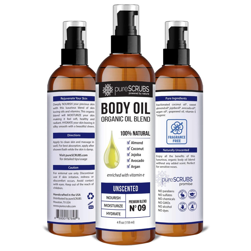 pureSCRUBS Ultra Moisturizing Unscented Body Oil Spray – Organic Jojoba, Argan & Coconut Blend, 4oz