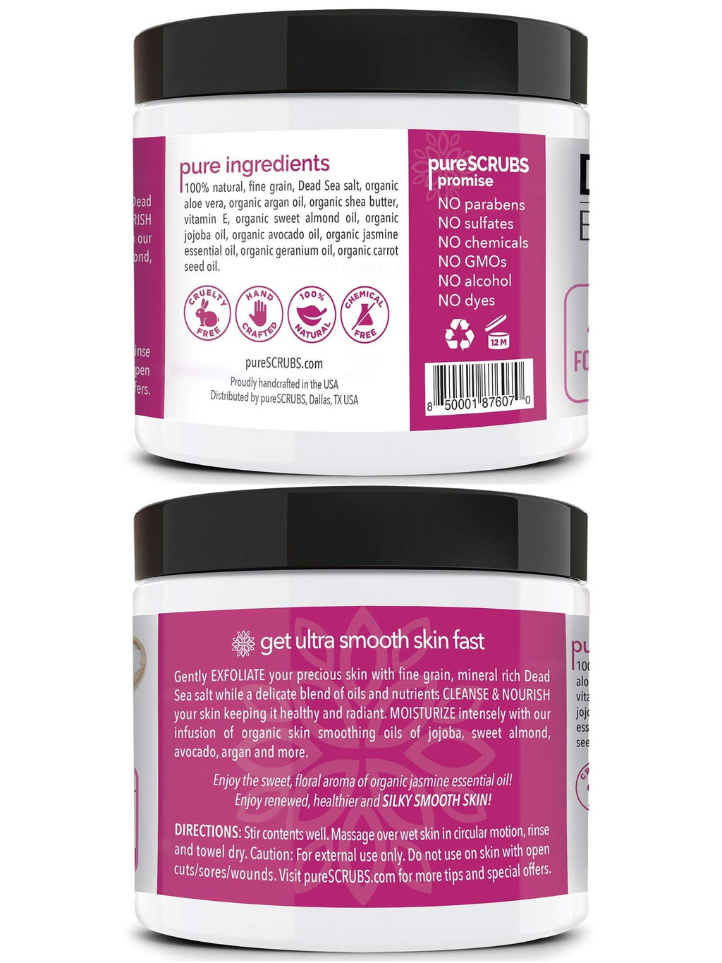 pureSCRUBS Premium Jasmine Body Scrub Set - 16oz Dead Sea Salt Exfoliant with Three Bonus Accessories