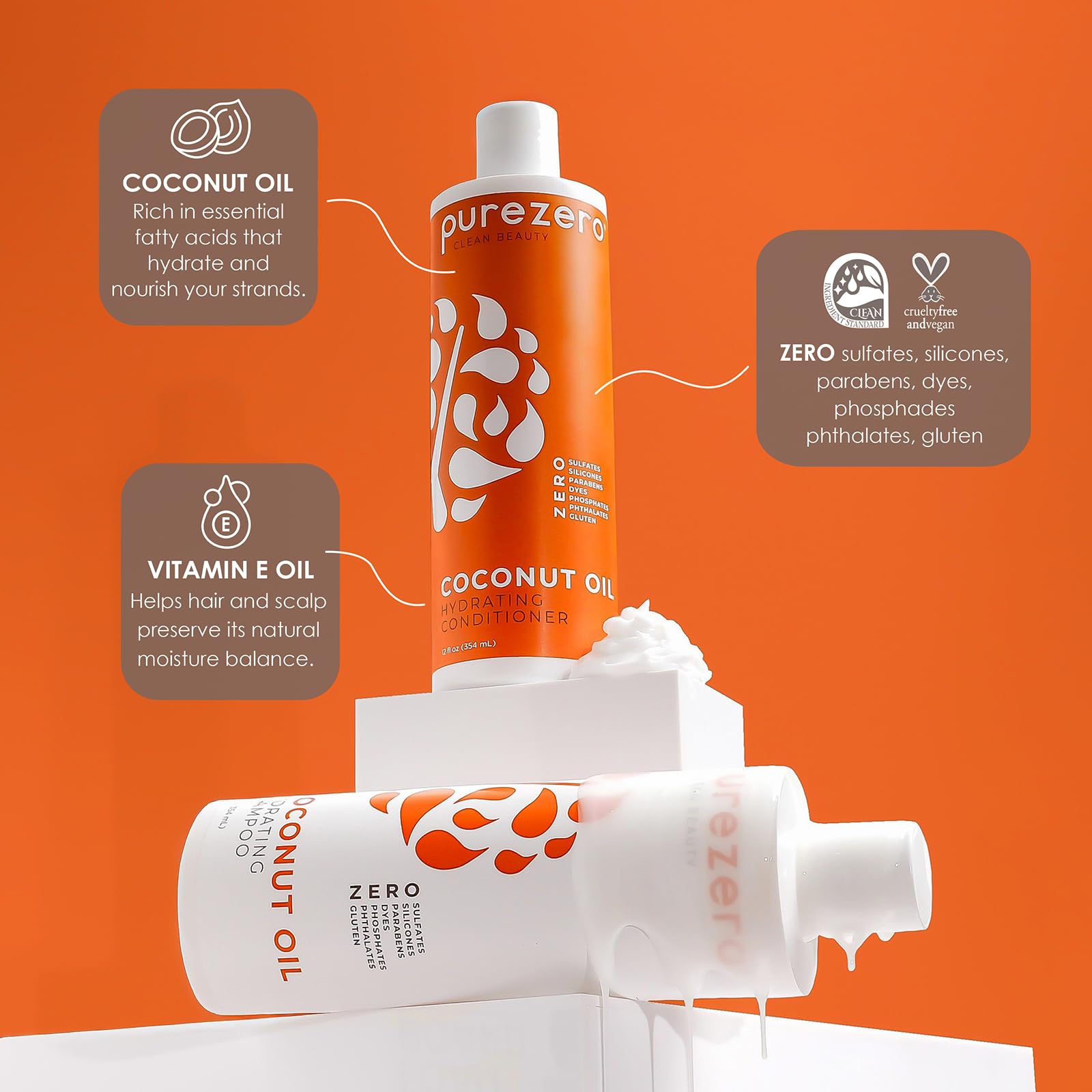 PureZero Coconut Oil Hydrating Shampoo & Conditioner Set – Vegan, Silicone-Free, Color-Safe (2 × 12 oz)