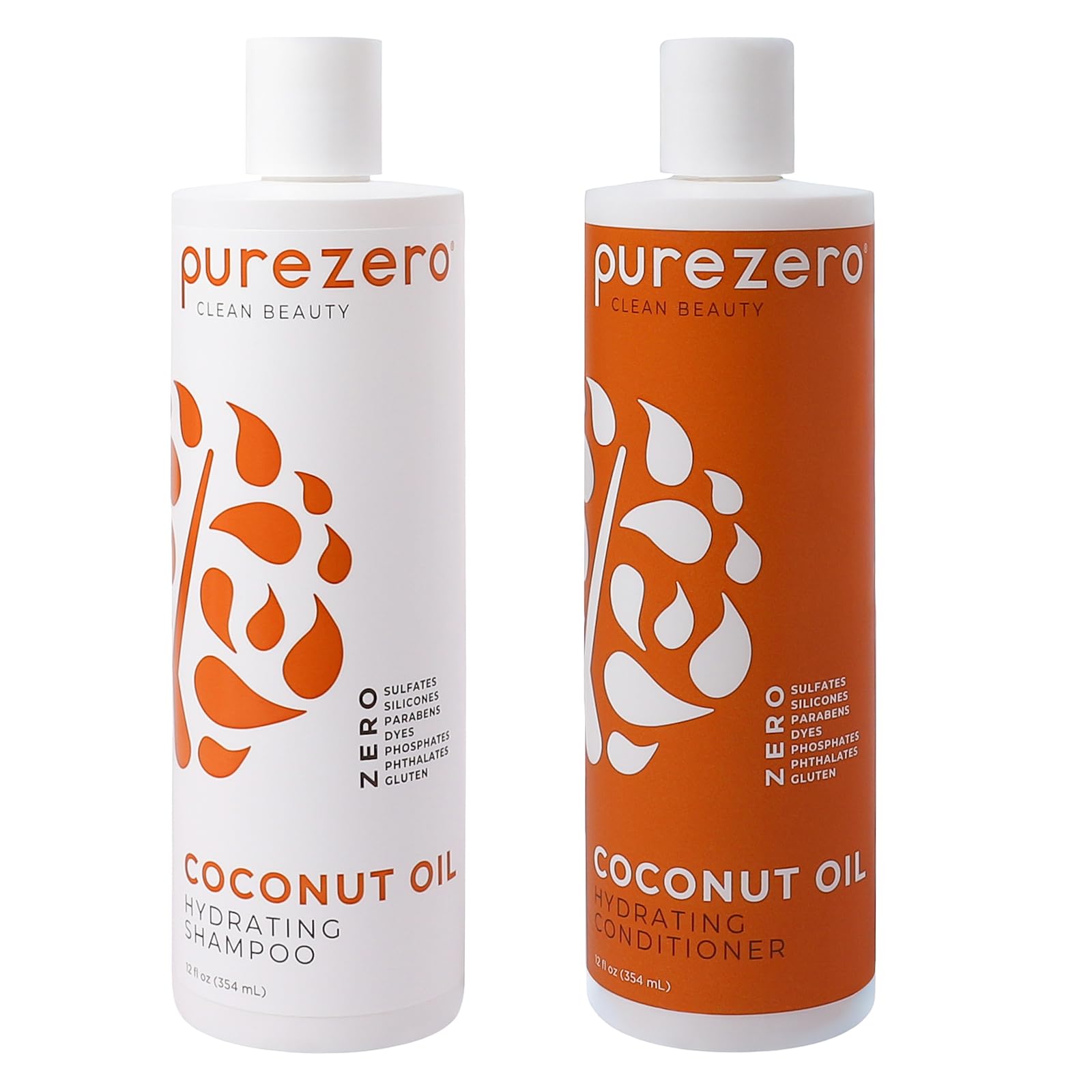 PureZero Coconut Oil Hydrating Shampoo & Conditioner Set – Vegan, Silicone-Free, Color-Safe (2 × 12 oz)