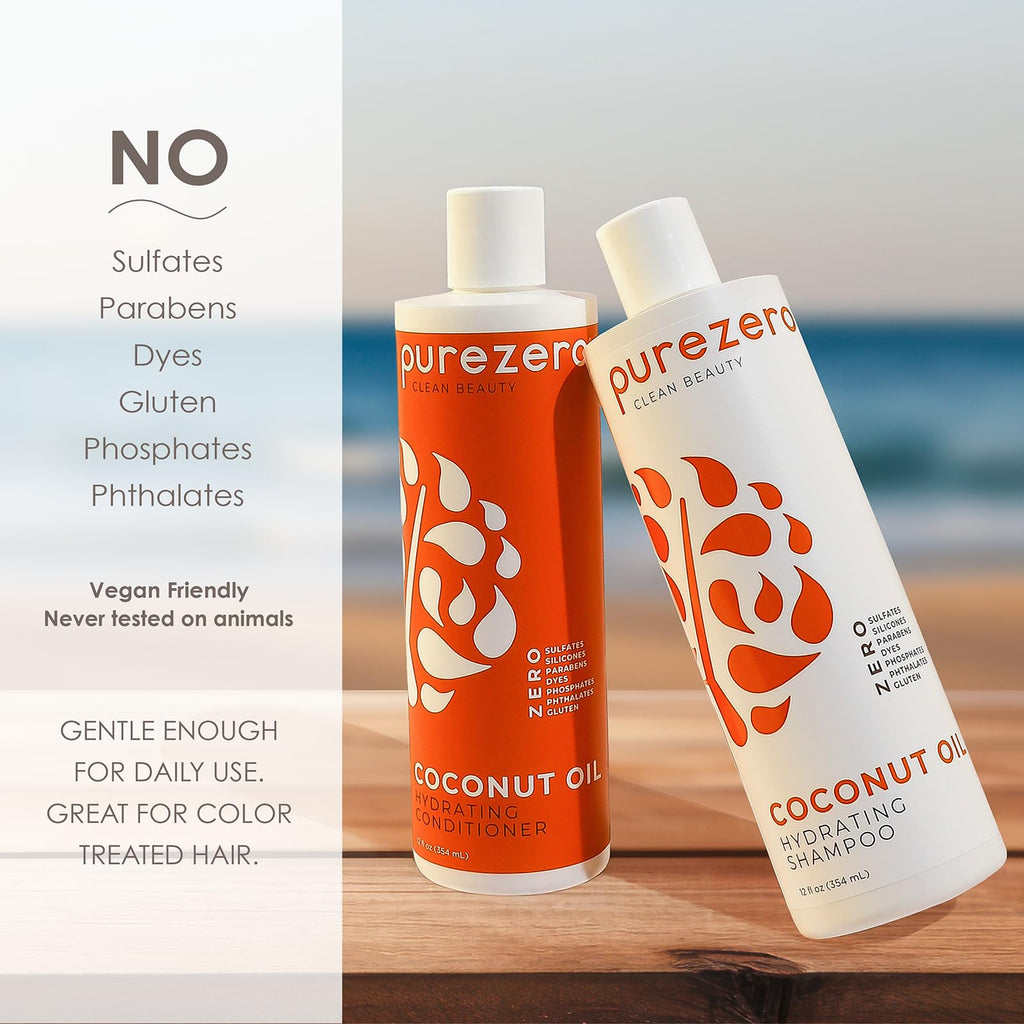 PureZero Coconut Oil Hydrating Shampoo & Conditioner Set – Vegan, Silicone-Free, Color-Safe (2 × 12 oz)