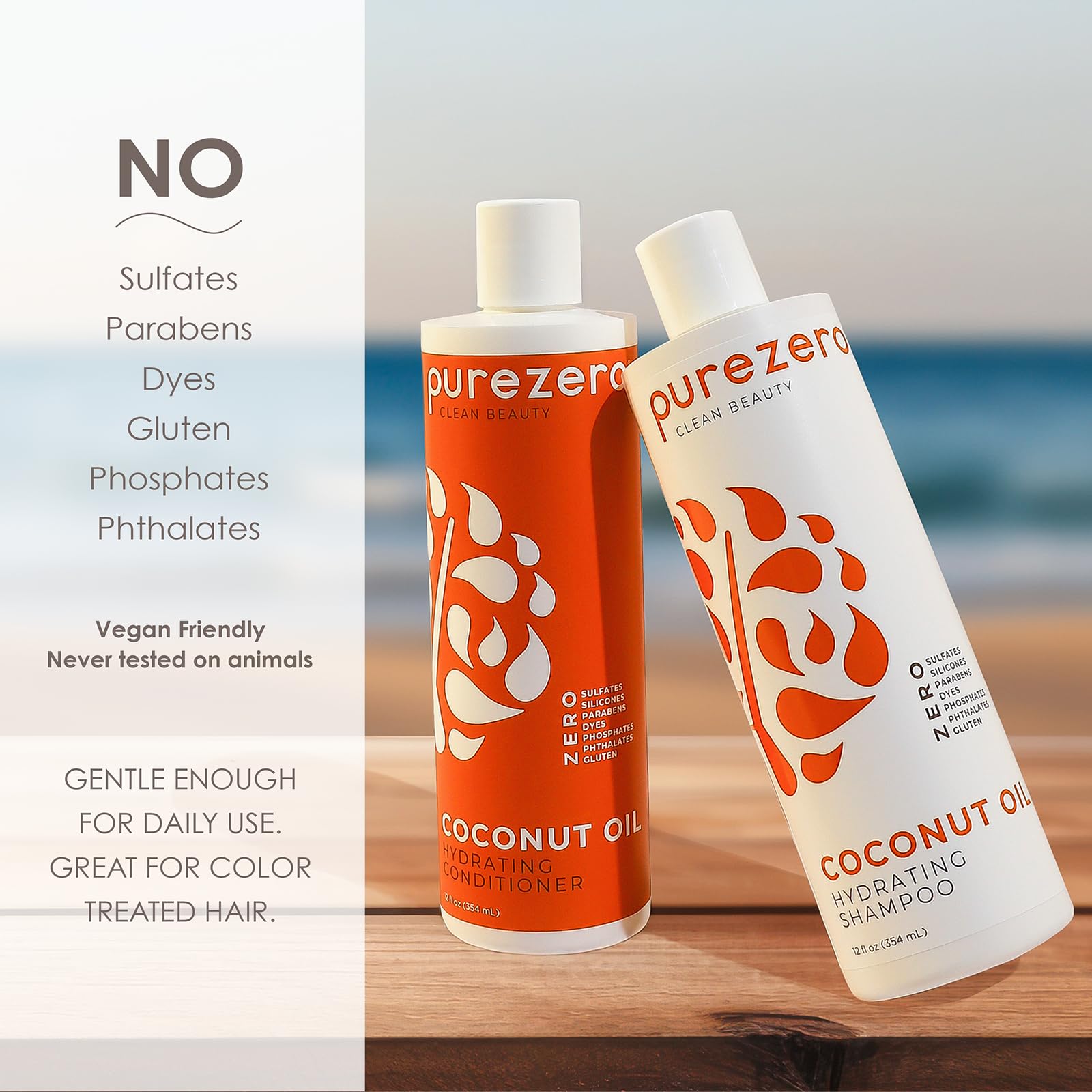 PureZero Coconut Oil Hydrating Shampoo & Conditioner Set – Vegan, Silicone-Free, Color-Safe (2 × 12 oz)