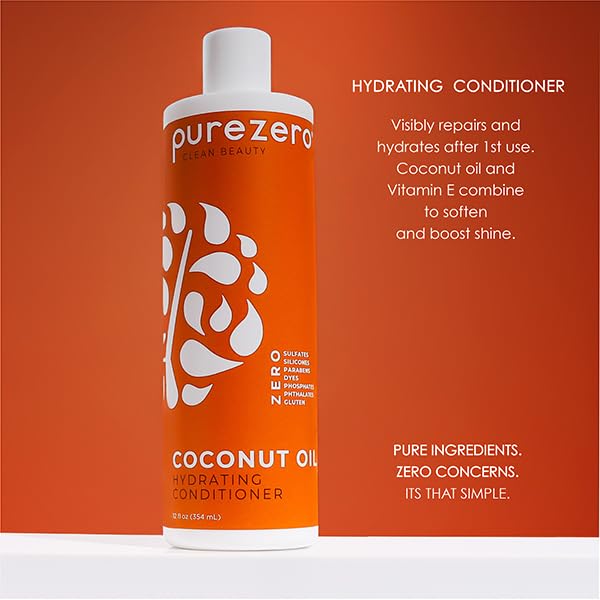 PureZero Coconut Oil Hydrating Shampoo & Conditioner Set – Vegan, Silicone-Free, Color-Safe (2 × 12 oz)